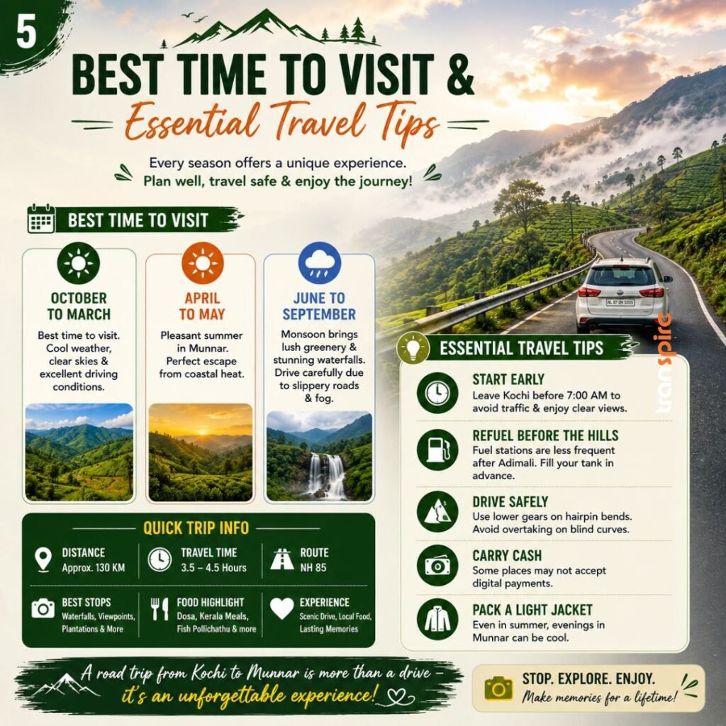 Kochi To Munnar Road Trip5 Infographic about best travel times and tips with a mountain road scene and seasonal panels of October–March, April–May, June–September and safety tips.