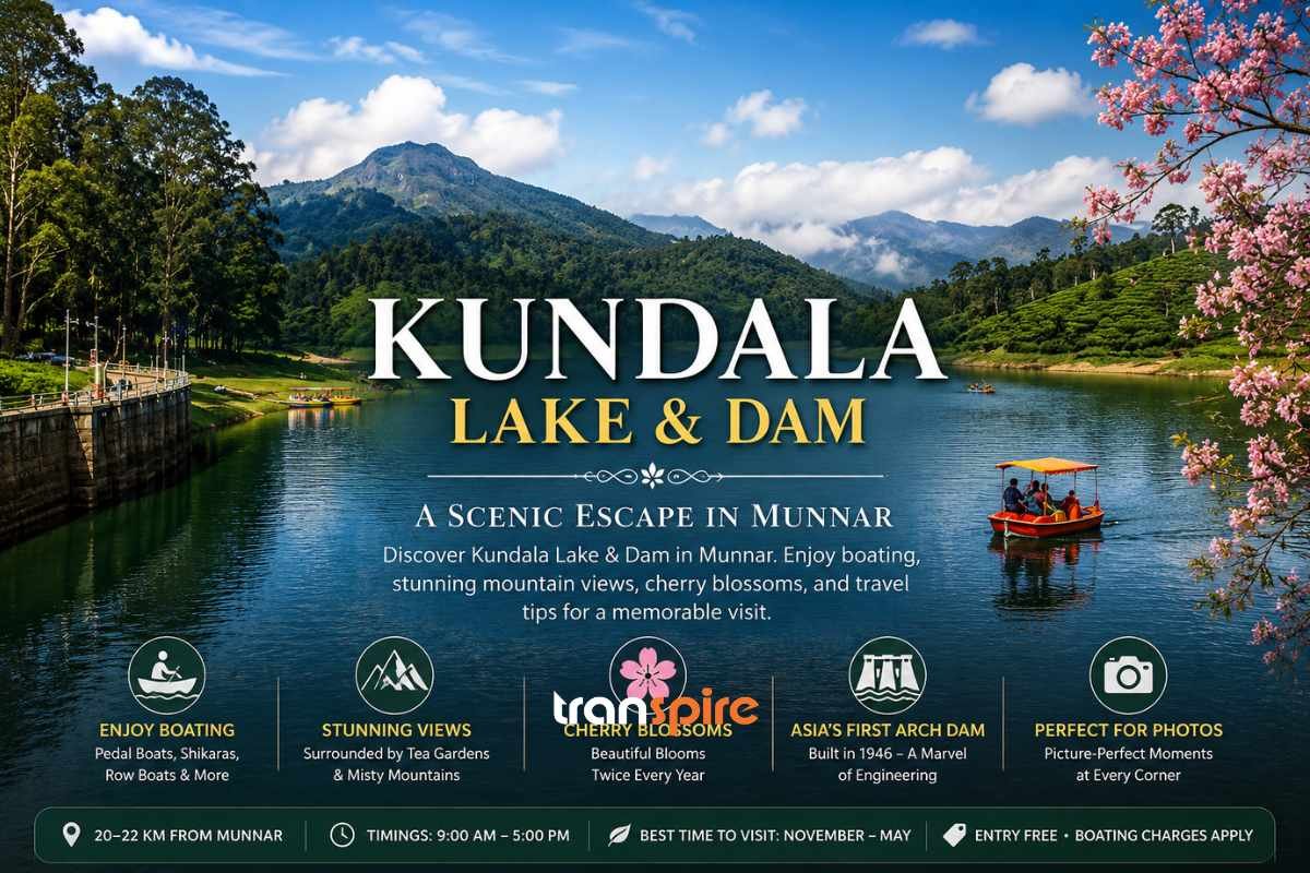 A panoramic view of Kundala Lake & Dam in Munnar, Kerala, surrounded by misty mountains, lush tea plantations, and blooming cherry blossom trees. A colorful Shikara boat glides across the calm lake under a bright blue sky. The banner features the title "Kundala Lake & Dam: A Scenic Escape in Munnar" with highlights including boating, stunning mountain views, Asia's first arch dam, cherry blossoms, and photography opportunities, making it an inviting travel destination in the Western Ghats.