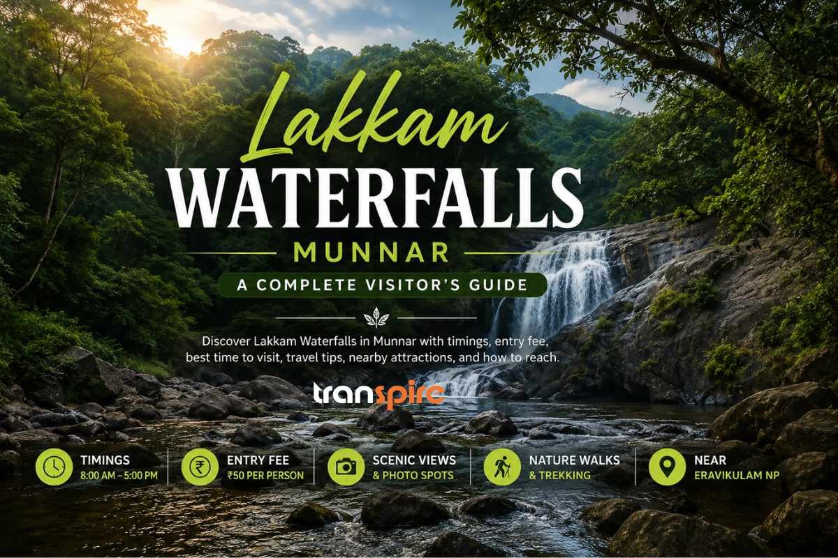 Lakkam Waterfalls Munnar – Complete Visitor's Guide banner featuring the scenic Lakkam Waterfalls surrounded by lush forest, rocky stream, and cinematic sunlight with visitor information including timings, entry fee, trekking, photography spots, and Eravikulam National Park.