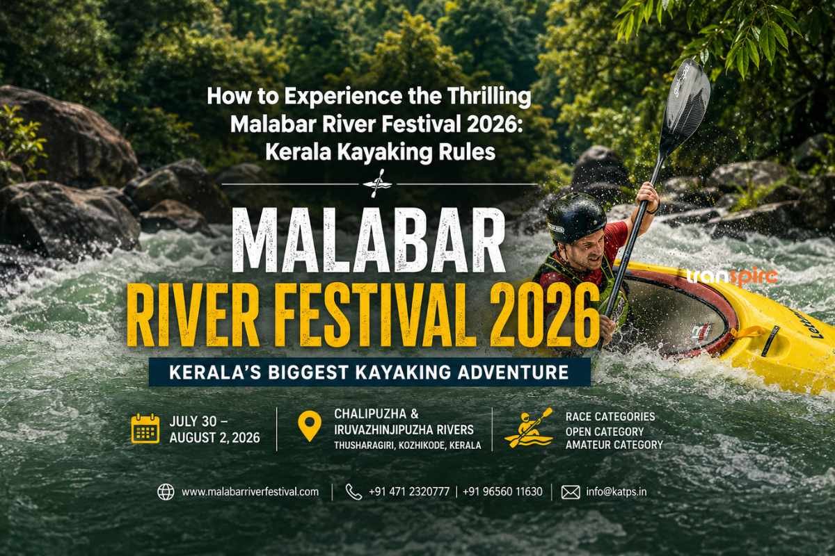 Poster for Malabar River Festival 2026 showing a kayaker in a yellow kayak on whitewater, with bold white and yellow festival title text.