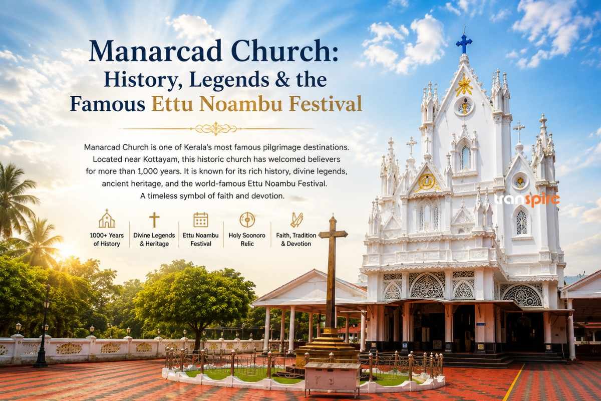 Banner promoting Manarcad Church with history, legends and the Ettu Noambu Festival, showing a white church against a blue sky.