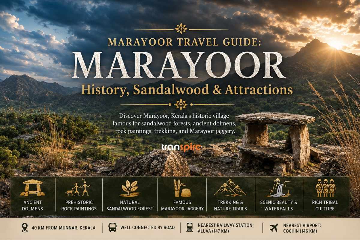 Marayoor Travel Guide banner featuring ancient megalithic dolmens with scenic Western Ghats mountains, highlighting Kerala's sandalwood forests, prehistoric rock paintings, trekking trails, Marayoor jaggery, and historical attractions.