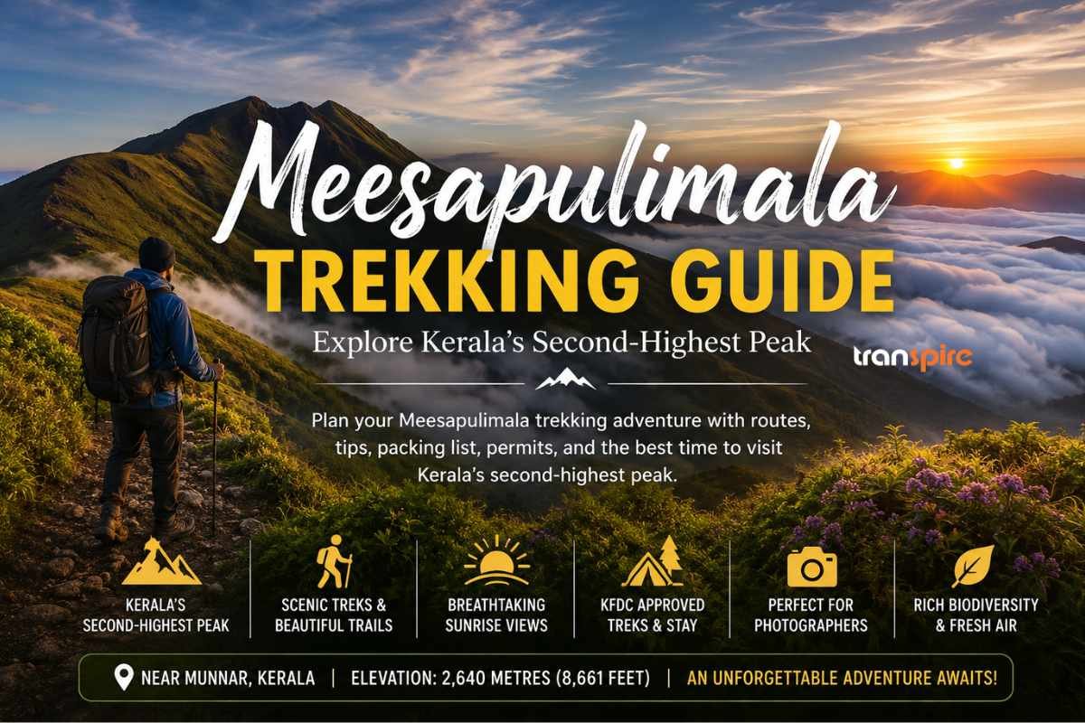 Hiker with backpack standing on a mountain ridge at sunrise, overlooking clouds, with bold 'Meesapulimala Trekking Guide' text overlay and sunset glow.