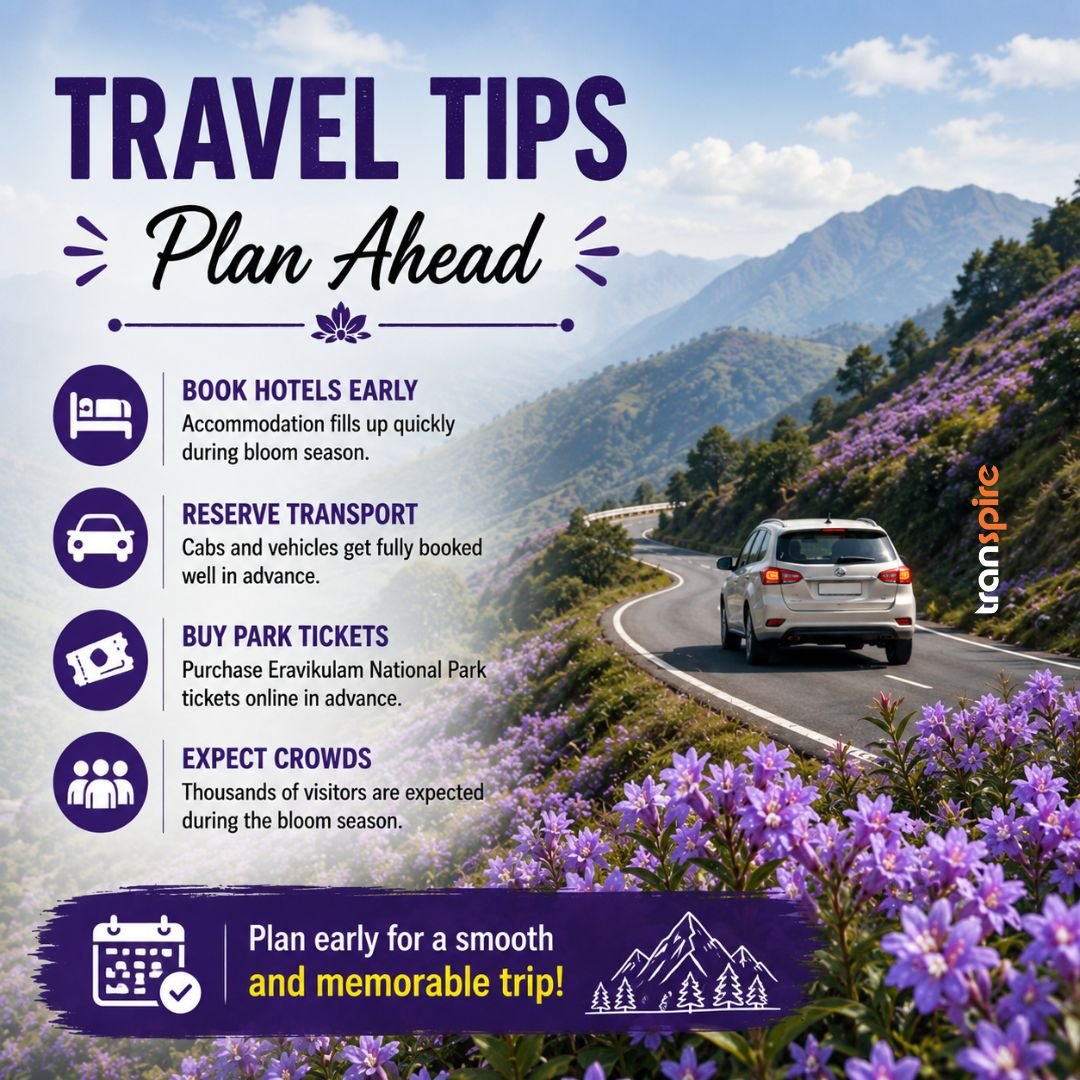 Neelakurinji Bloom Munnar 2026 6 Travel Tips ✈️ Plan Ahead ✔️ Book hotels early ✔️ Reserve transport in advance ✔️ Buy park tickets before they sell out Thousands of visitors are expected during the bloom season.