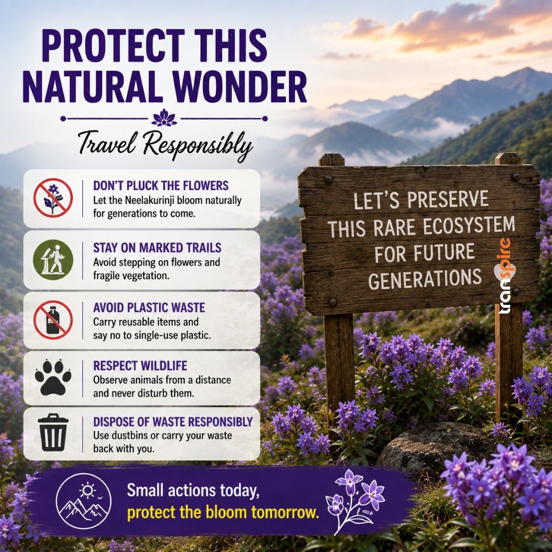 Neelakurinji Bloom Munnar 2026 8 Protect This Natural Wonder 🌿 Travel Responsibly ❌ Don't pluck the flowers 🚶 Stay on marked trails ♻️ Avoid plastic waste 🐾 Respect wildlife 🗑️ Dispose of waste responsibly