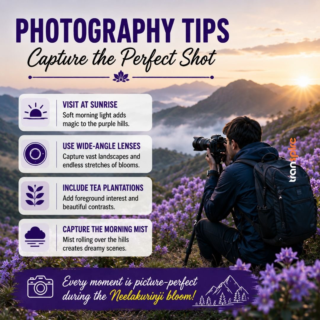 Neelakurinji Bloom Munnar 2026 9 Photography Tips 📸 Capture the Perfect Shot 🌅 Visit at sunrise 📷 Use wide-angle lenses 🌿 Include tea plantations 🌫️ Capture the morning mist Create unforgettable memories without disturbing nature.