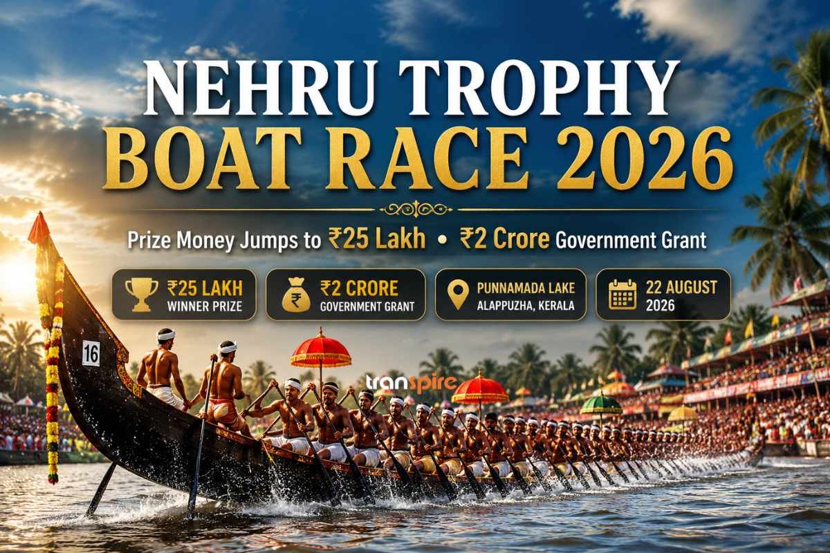 Promotional banner for Nehru Trophy Boat Race 2026 showing a longboat with many rowers racing on a river, spectators onshore.