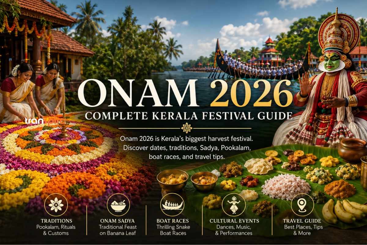 Onam 2026 festival banner with flower rangoli, women preparing offerings, a snake boat, and a Kathakali performer; guide to Kerala traditions and events.