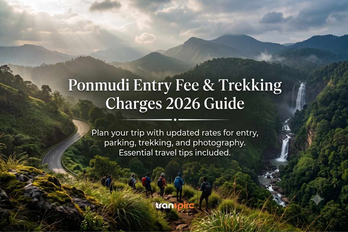 Scenic trekking banner: hikers on a ridge overlooking green mountains, a winding road left and a waterfall right, with the title 'Ponmudi Entry Fee & Trekking Charges 2026 Guide'