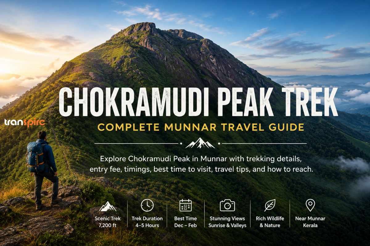 Hiker with backpack on a green ridge at sunrise; overlay reads 'Chokramudi Peak Trek – Complete Munnar Travel Guide' with trek detail icons at bottom.