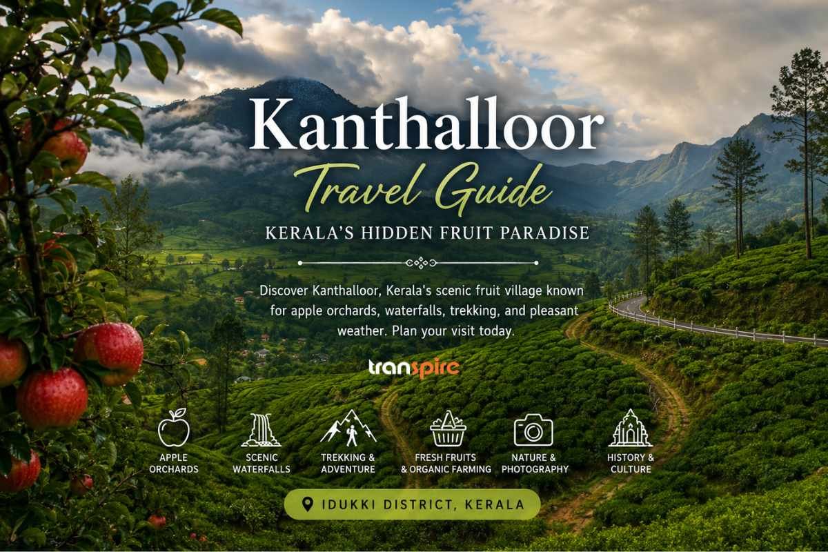 Kanthalloor Travel Guide banner featuring Kerala's scenic fruit village with lush green hills, apple orchards, misty mountains, tea plantations, winding roads, and popular attractions in Idukki.