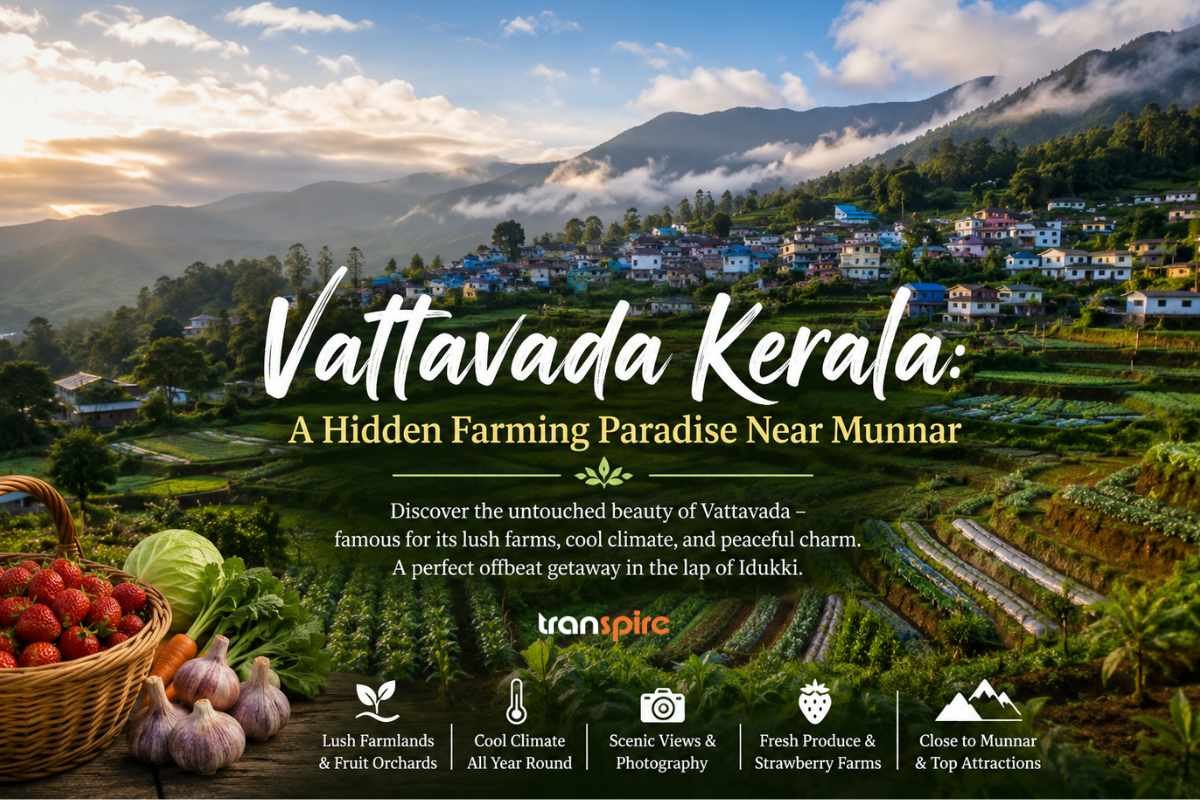 Panoramic banner of Vattavada, Kerala, featuring lush terraced farms, mist-covered hills, vibrant fruit and vegetable fields, and a peaceful mountain village near Munnar with the title 'Vattavada Kerala: A Hidden Farming Paradise Near Munnar' displayed in the center.