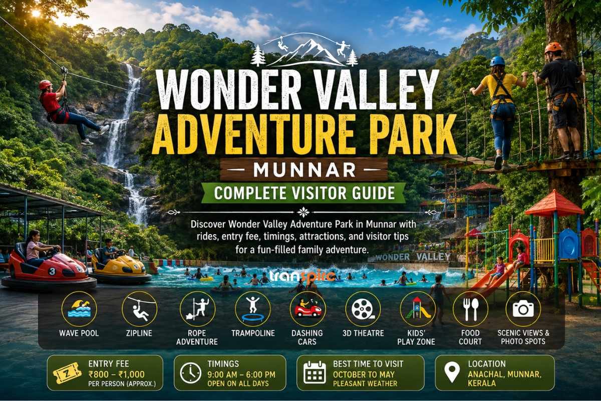 Colorful poster for Wonder Valley Adventure Park, showing ziplining, a water park pool, and a kids’ play area with bold park title and gates. Text reads 'Wonder Valley Adventure Park Munnar – Complete Visitor Guide'.