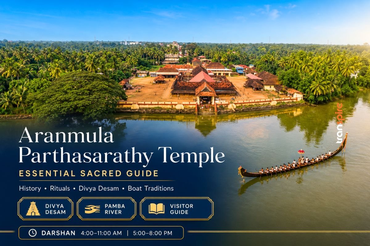 Promotional banner of Aranmula Parthasarathy Temple with temple complex on the riverbank and a long traditional boat beside palm trees.