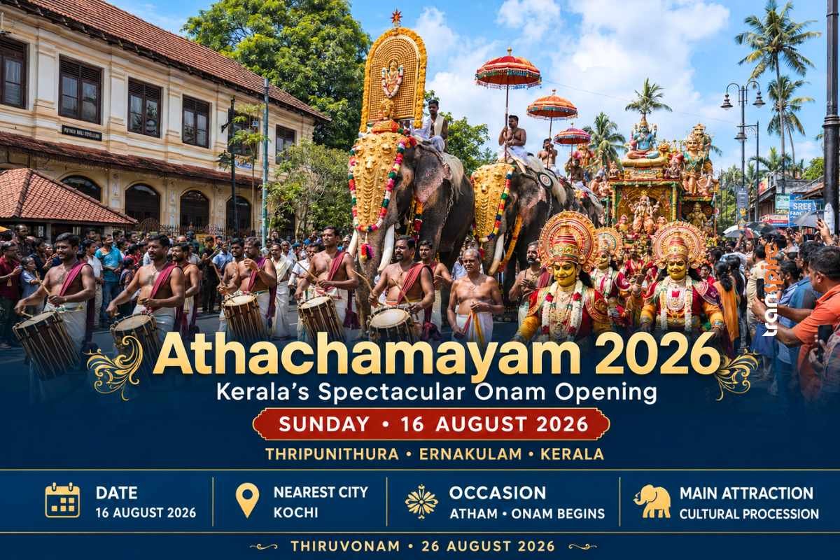 Athachamayam 2026 cultural procession in Thripunithura with Kerala folk artists, decorated elephants, percussion ensembles and colourful floats