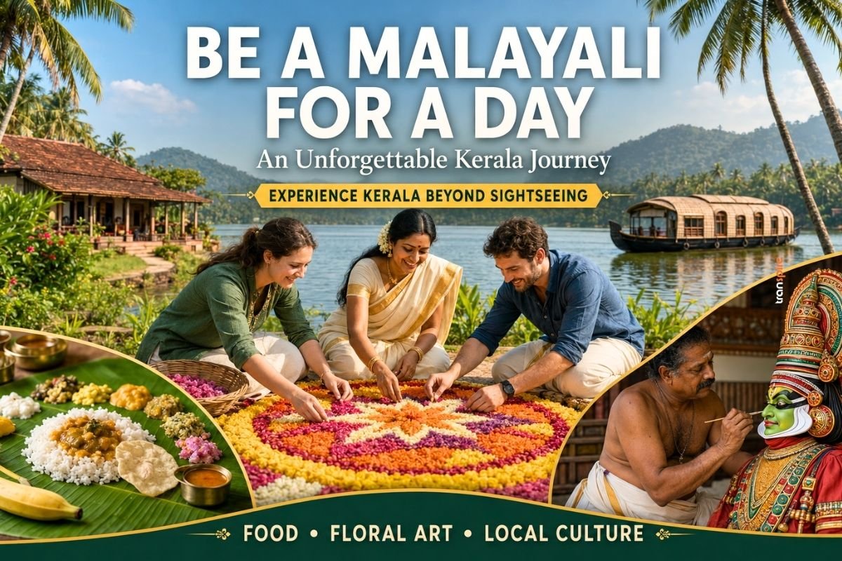 Three travelers craft a bright flower mandala on the ground beside a Kerala lake, with palms and a houseboat nearby.