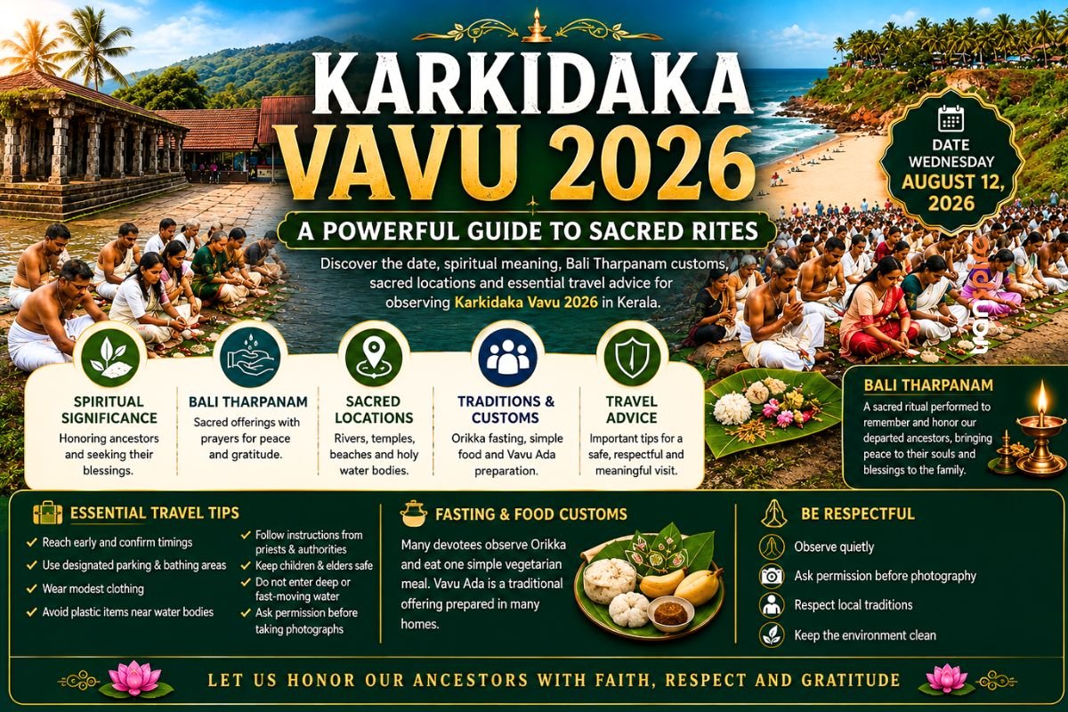 Banner for Karkidaka Vavu 2026: devotees perform rituals along a riverbank and beach, with date August 12, 2026, and sections highlighting spiritual significance, sacred locations, traditions, and travel tips.
