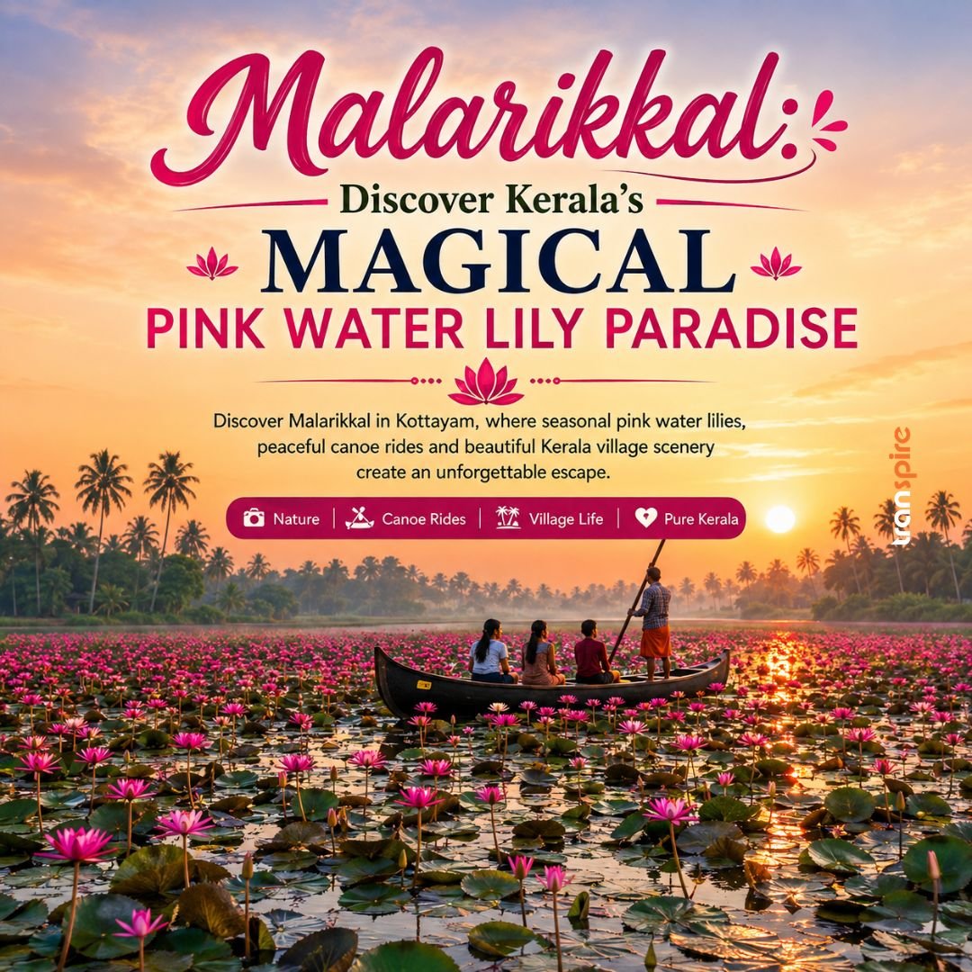 Malarikkal Tourism 1 Promotional poster for Malarikkal's Magical Pink Water Lily Paradise: boat with people on a lotus-filled lake at sunset, pink water lilies and palm trees in the background.