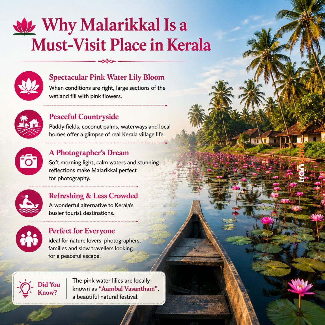 Malarikkal Tourism 2 Tourism infographic titled 'Why Malarikkal Is a Must-Visit Place in Kerala' with a boat on a lily-filled waterway and pink icons describing attractions like pink water lilies, peaceful countryside, photographer’s dream, less crowded spots, and family-friendly vibes.