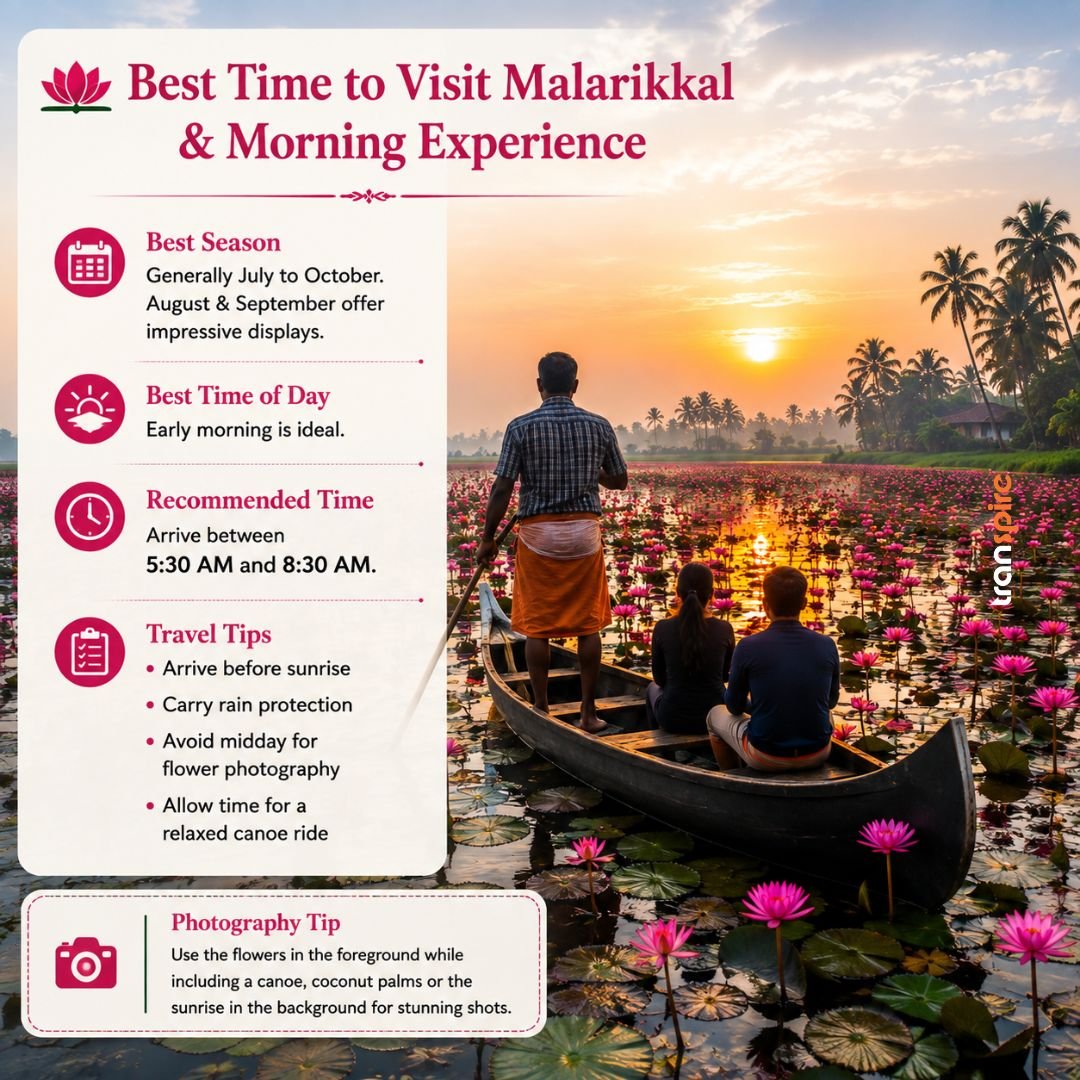 Malarikkal Tourism 3 Infographic titled 'Best Time to Visit Malarikkal & Morning Experience' with travel tips and icons beside seasonal, best time, recommended time, travel tips, and photography tip sections beside a boat on a lotus-filled lake at sunrise.