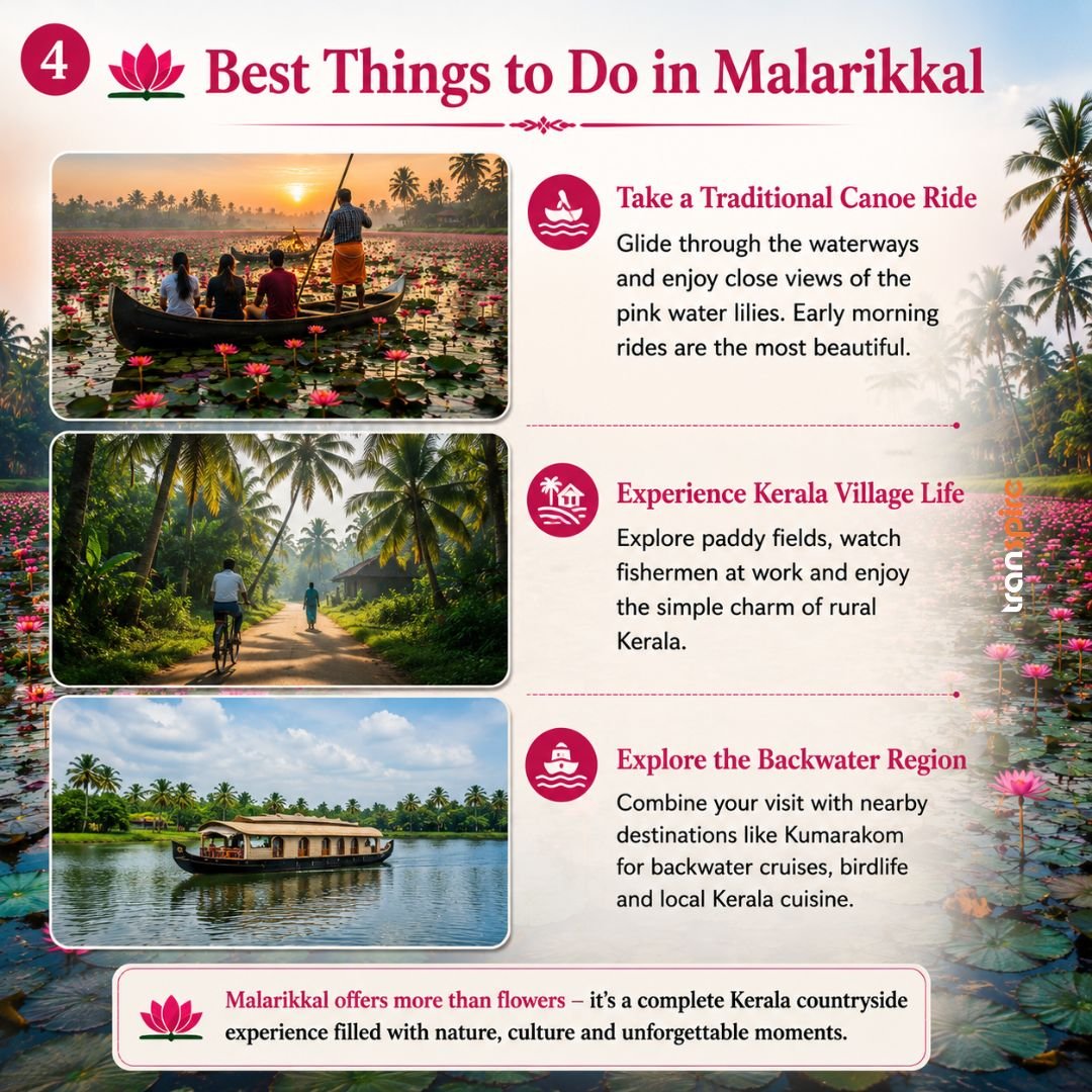 Malarikkal Tourism 4 Infographic titled Best Things to Do in Malarikkal showing three activities: a traditional canoe ride among water lilies at sunset, village life with cycling through palm-lined paths, and a backwater houseboat cruise.
