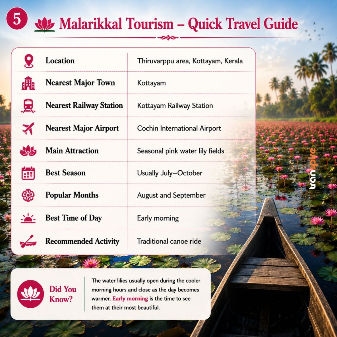 Malarikkal Tourism 5 Infographic titled Malarikkal Tourism—Quick Travel Guide, listing location in Thiruvarrpu area, Kottayam, Kerala, with main attraction: seasonal pink water lily fields; boat on a lotus pond in the background.
