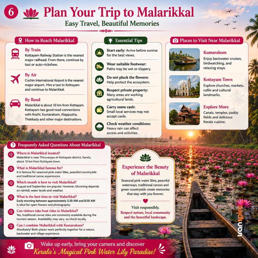 Malarikkal Tourism 6 Travel infographic titled Plan Your Trip to Malarikkal with sections on how to reach, essential tips, places to visit, and FAQs over a pink water-lily background.