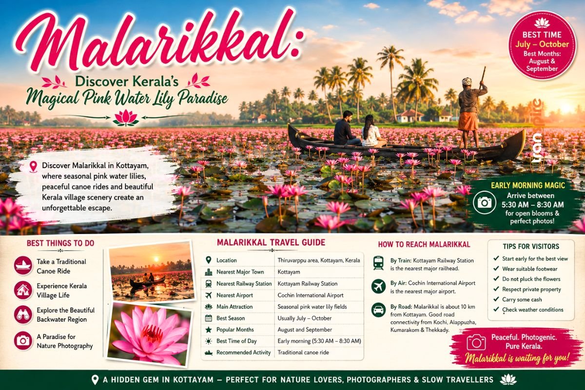 Pink water lilies blooming at sunrise in Malarikkal, Kottayam, Kerala