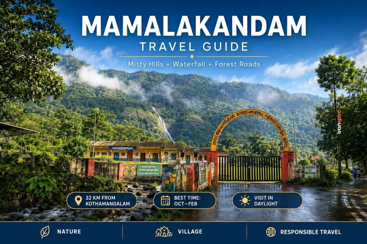 Mamalakandam travel guide poster featuring a scenic village school with an arched yellow gate against lush green, mist-covered hills and a distant waterfall.