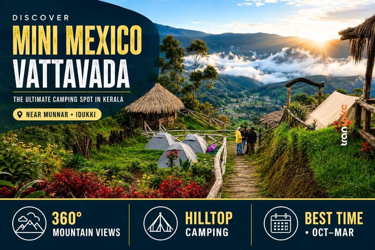 Banner promoting Mini Mexico Vattavada camping near Munnar, Kerala, with tents on a sunlit hillside and scenic valley views.