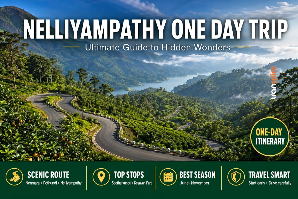 Misty green hills and winding road during a Nelliyampathy one day trip