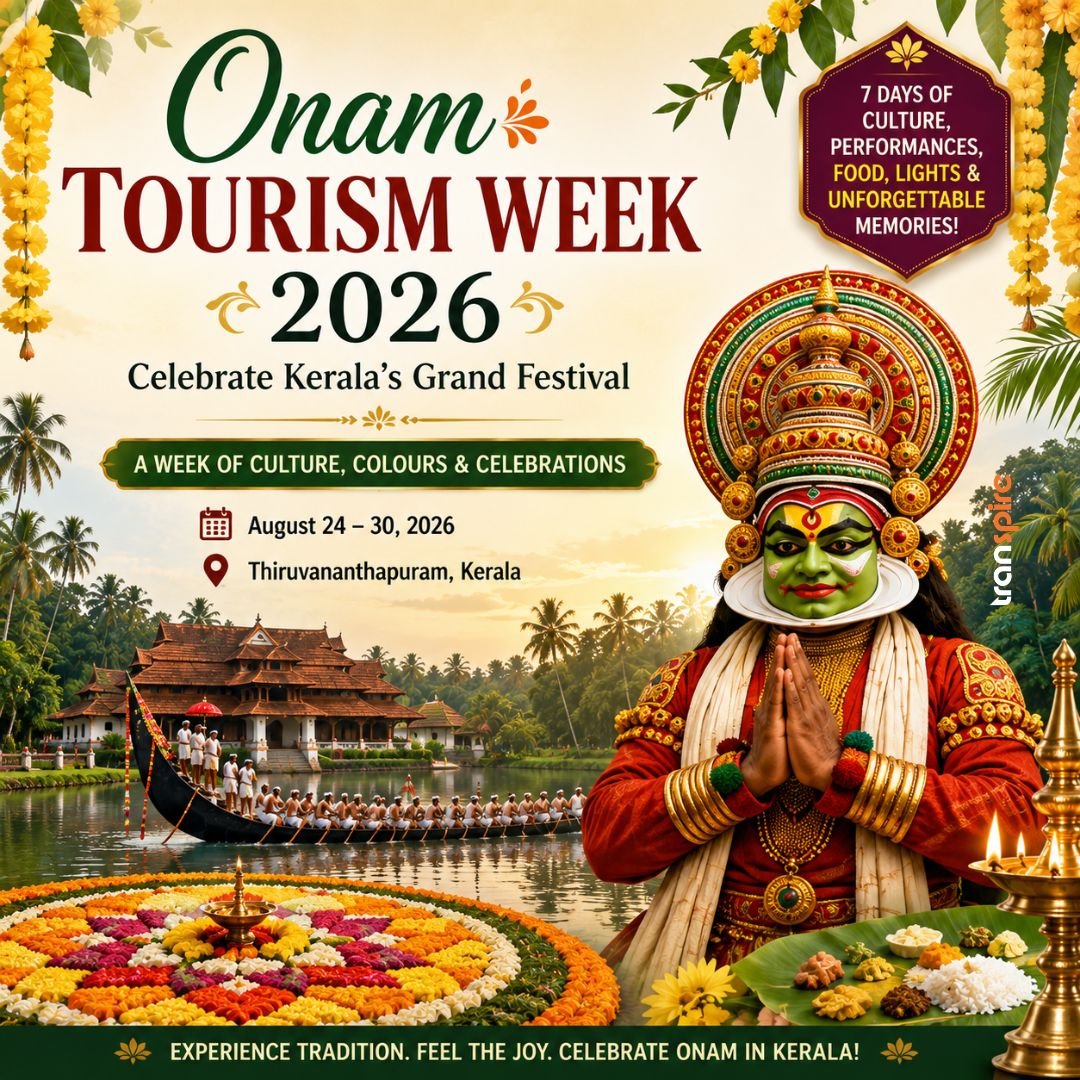 Onam Tourism Week 2026 Festival Guide 1 Onam Tourism Week 2026 promotional banner highlighting Kerala’s grand festival with a Kathakali performer, boat procession, and colorful flower rangoli.