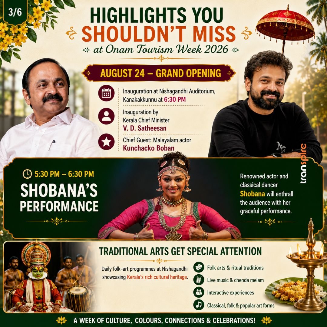 Onam Tourism Week 2026 Festival Guide 3 Promotional poster for Onam Tourism Week 2026 highlighting a grand opening Aug 24, with schedule items and celebrity guests, plus a feature on Shobana's traditional dance performance.