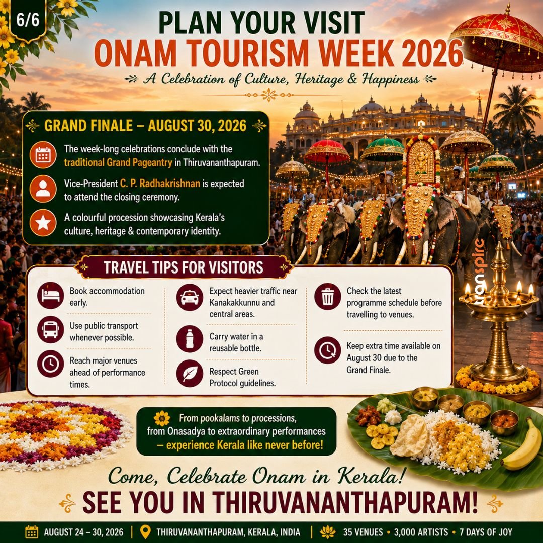 Onam Tourism Week 2026 Festival Guide 6 Poster advertising Onam Tourism Week 2026 in Thiruvananthapuram, with grand finale Aug 30, travel tips for visitors, and Kerala cultural celebrations.