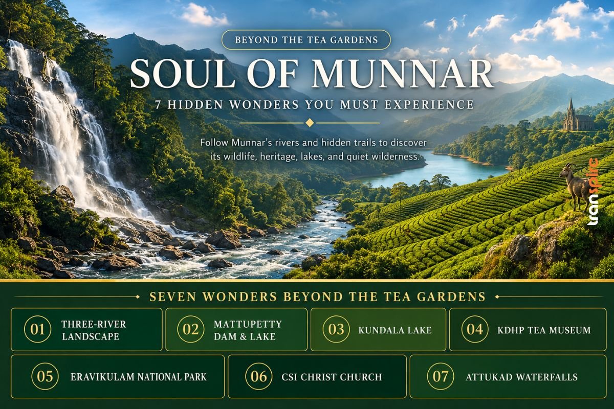 Soul of Munnar with misty hills, a forest river, tea gardens, and Attukad Waterfalls