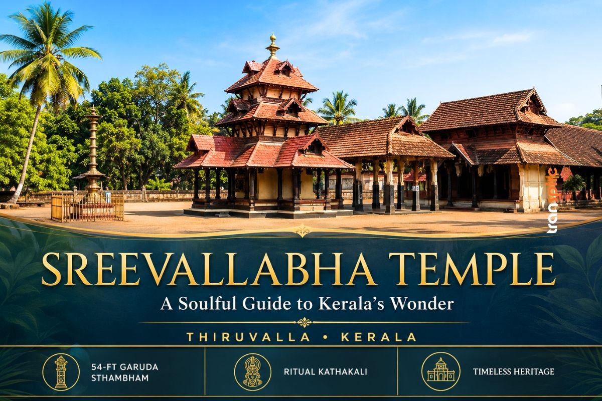 Sreevallabha Temple in Thiruvalla with traditional Kerala architecture and the granite Garuda Sthambham