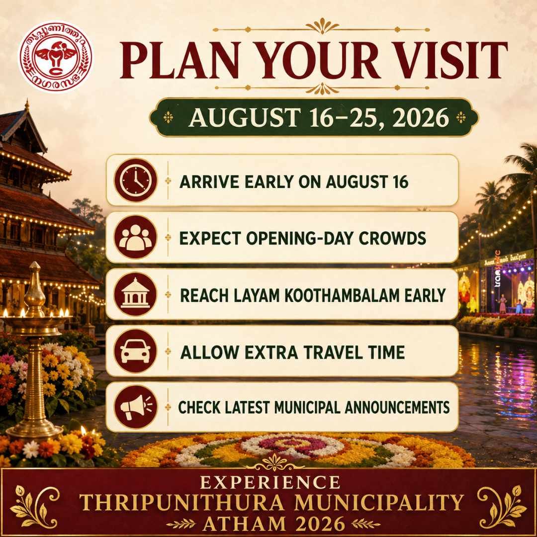 Thripunithura Atham 2026 10 Poster titled 'PLAN YOUR VISIT' for August 16–25, 2026. It lists tips: Arrive early on August 16; Expect opening-day crowds; Reach Koothambalam early; Allow extra travel time; Check latest municipal announcements. Bottom banner: Experience Thiruvnipur Municipality Atham 2026 (Thirupunithura Municipality Atham 2026).