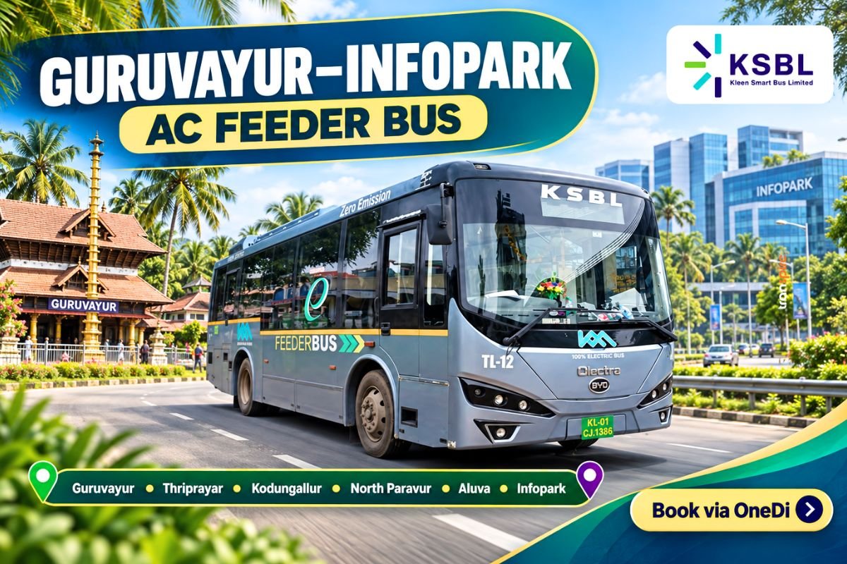 Guruvayur–Infopark AC feeder bus connecting Guruvayur, coastal towns, Aluva, and Kakkanad Infopark