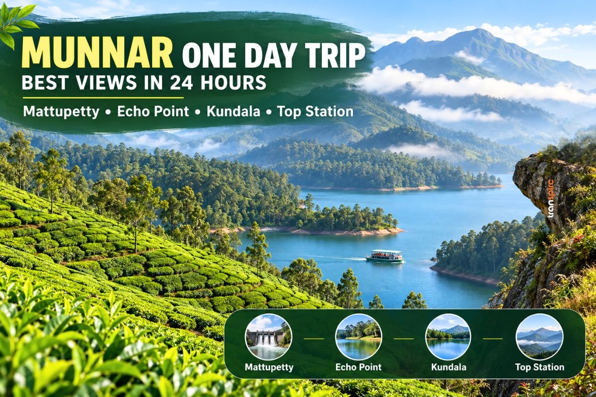 Munnar one day trip route featuring green tea plantations, misty hills, a peaceful lake, and mountain viewpoints