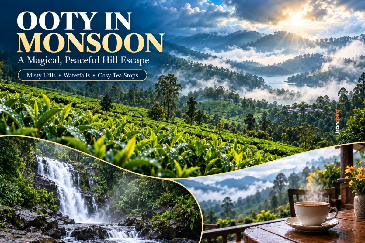 Ooty in monsoon with mist drifting over green Nilgiri tea gardens