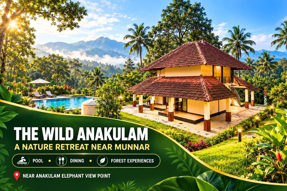 Resort villa amid tropical garden with a pool and palm trees, mountains in the background; banner reads 'The Wild Anakulam, a nature retreat near Munnar.'