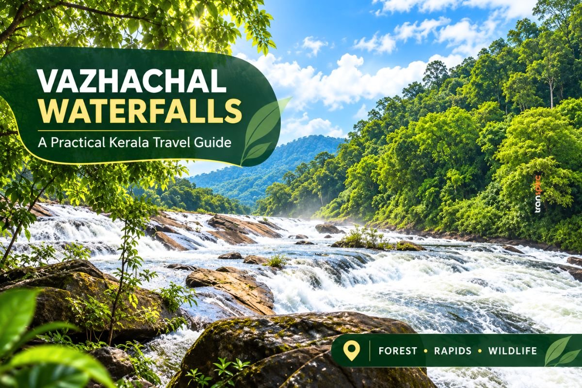 Vazhachal Waterfalls flowing over rocks in Kerala